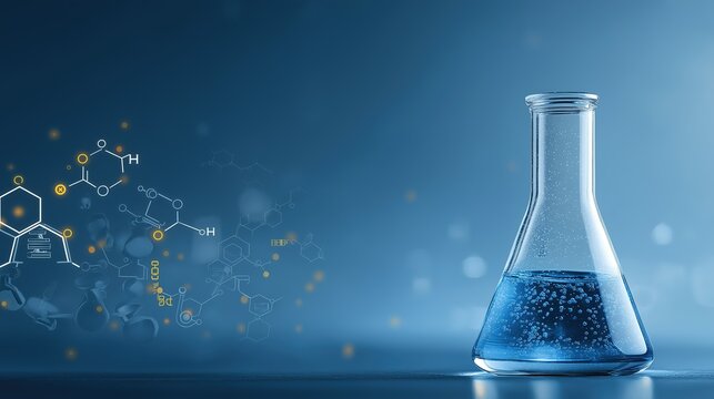 Laboratory flask with blue liquid, against a backdrop of molecular structures and a soft - blue, bokeh - filled background. Ideal for science - related presentations, educational materials, and scient