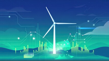 Futuristic Digital Wind Turbine Illustration with Green Energy Data and Charts