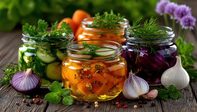 Assorted preserved vegetables in jars - Powered by Adobe