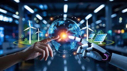 Robot and Human Fingers Touching Earth Hologram with Wind and Solar Clean Energy Icons