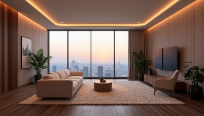 Modern living room interior design with city view urban environment sunset contemporary style