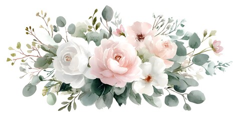 Watercolor floral bouquet, blush pink roses and baby's breath arrangement with sage green leaves on a white background, 
