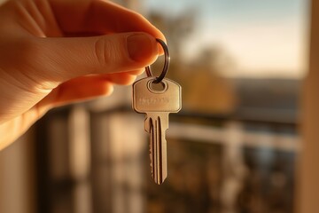 Hand - held key with warm sunlight, showing a single key on a ring, ideal for home - related, real estate, or new beginning themes. 