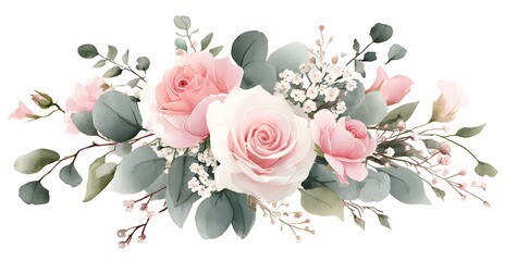Watercolor floral bouquet, blush pink roses and baby's breath arrangement with sage green leaves on a white background, 