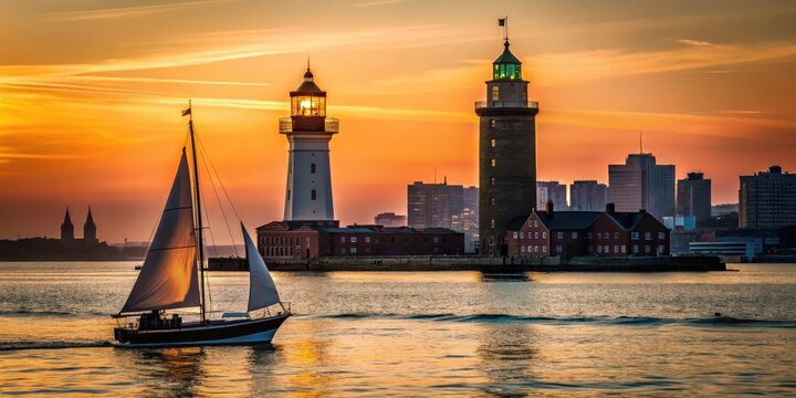 Silhouetted sailboat glides across Boston Harbor at dusk with the waterfront's historic buildings and lighthouse in the foreground
