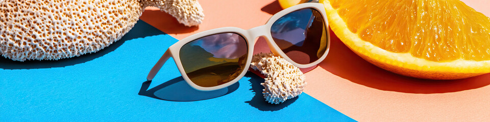 White Sunglasses, Coral, and Orange Slice on Bi-Colored Background