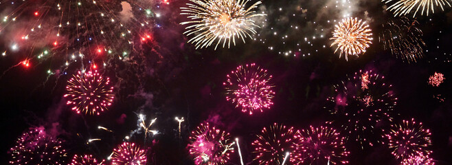 Banner Purple Firework celebrate anniversary happy new year 2025, 4th of july holiday festival....