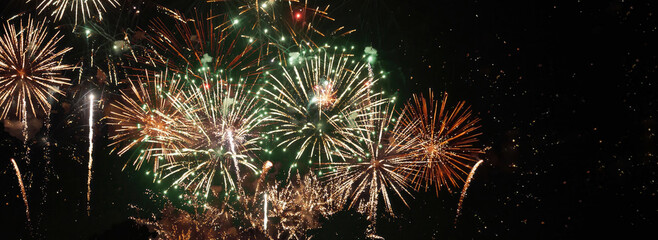 Banner Green firework night time celebrate national holiday. Green Firework celebrate anniversary...