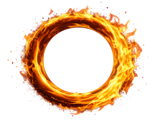 “Diagonal Tilted Fire Ring with Motion Blur and Sparks, 3D Perspective, isolated on a transparent background”
