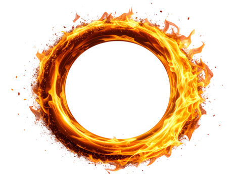 “Diagonal Tilted Fire Ring with Motion Blur and Sparks, 3D Perspective, isolated on a transparent background”
