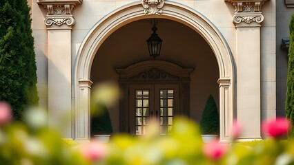 Ornate mansion entrance archway bathed in soft daylight, with a blurred garden in the foreground.