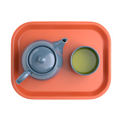 Isolated overhead sleek blue teapot, vibrant green tea teacup on orange tray, ideal for modern design.