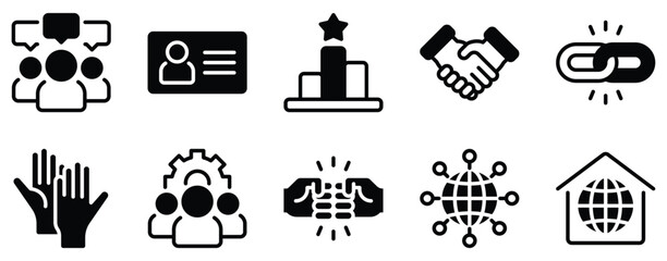 Networking Icon Set Solid Style Collection representing digital connections and data exchange suitable for IT infrastructure communication systems and professional collaboration platforms