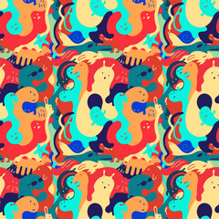 abstract colorful doodle monster seamless pattern background.