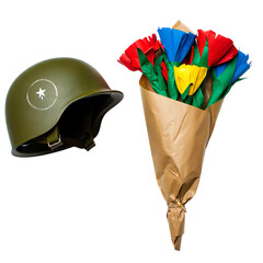 Conceptual image of conflict and peace, a military helmet beside a colorful paper flower bouquet symbolizing hope and life.