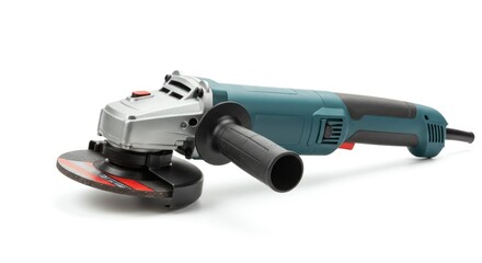 Powerful electric grinder, teal and gray, angled on white background