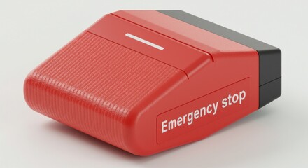 A red emergency stop button, angled slightly, sits on a plain white background.  The button is textured, with a strip of white light visible