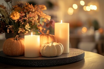 Autumnal centerpiece with candles and pumpkins. Warm, inviting fall decor