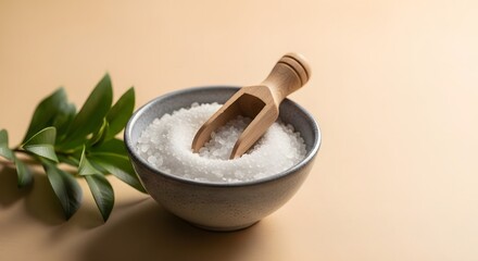 Close up shot of a ceramic bowl filled with coarse white salt and a wooden scoop beside green leaves on a cream surface.