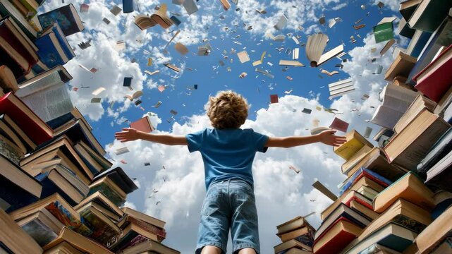 Child reaching books flying in cloudy sky. Education ad