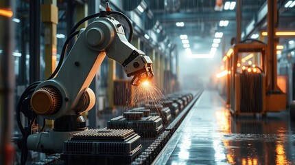 Robotic arm assembles in rainy factory