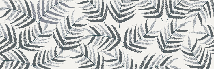 Repeating pattern of stylized monochrome fern leaves with abstract detailing, hand-drawn graphic style, on a light background. Vector illustration © Rudzhan