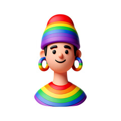 Diverse, cheerful, colorful character in a vibrant rainbow outfit, symbolizing unity and pride, celebrating LGBT+ community