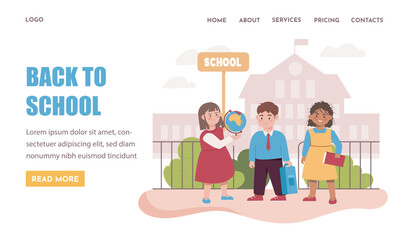 Group of school children standing outdoors with books and a globe in front of a school building, flat cartoon style, white background. Concept of education. Vector illustration