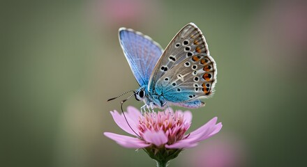 Obraz premium Macro close-up of a vibrant blue butterfly resting on a pink flower, showcasing nature's delicate beauty and intricate details.