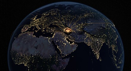 Global Connectivity: A Nighttime View of Earth Showcasing International Networks Centered in Turkey