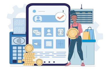 Woman holding coin next to smartphone screen with finance app interface, calculator and shopping bags in flat style on white background. Concept of digital payments. Vector illustration