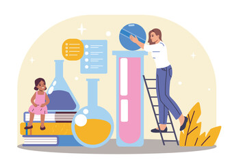 A woman and a young girl engaged in science learning with large lab flasks, books, and charts around them on a beige background. Concept of STEM education. Vector illustration