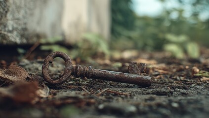 Fototapeta premium Rusty key on ground, overgrown foliage (1)