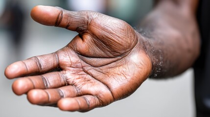 Fototapeta premium A close-up of an outstretched hand with dark skin and visible lines, showing a gesture of offering or greeting against a blurred background