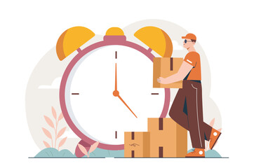 Delivery worker holding boxes in front of a large alarm clock, flat graphic style, white background with leaves and clouds, concept of timely shipping. Vector illustration