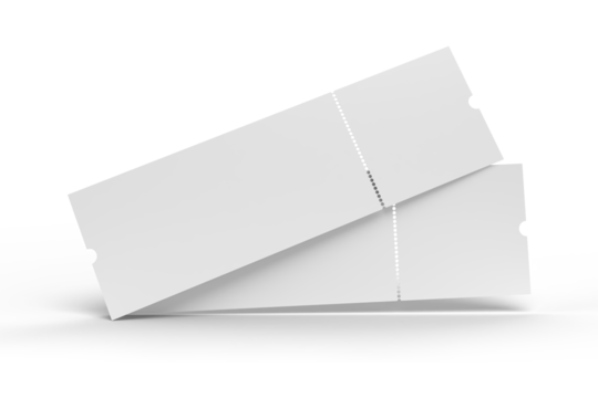 3D Realistic empty event tickets mockup isolated on background. Blank template for showcasing your ticket, train, raffle, carnival, concert, festival, lottery, coupon, theatre or airplane pass label.