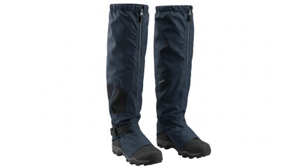 Pair of dark navy blue waterproof gaiters with black accents.  Zippered sides and adjustable straps.  Designed for outdoor footwear