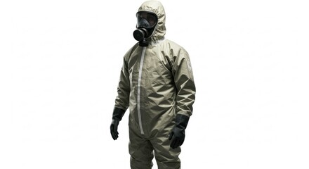 Obraz premium Full body shot of a person in a protective beige hazmat suit and respirator