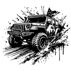 Off road car Silhouette Grunge Splatter and Dripping Spray Effects