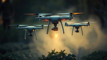 Drones fly with an ethereal background