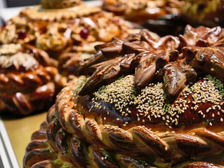 Masterful artisan bread adorned with intricate designs and sesame seeds at a lively market during...