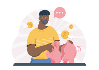 Man breaking a piggy bank with flying coins around, cartoon style on a white and pink background. Concept of financial loss, savings, or budget stress. Vector illustration