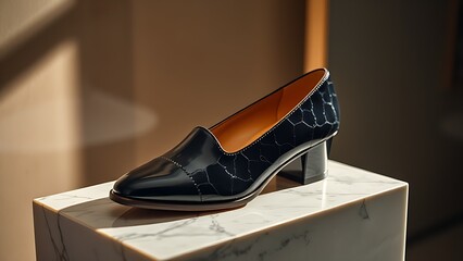 Designer shoe displayed on a marble pedestal with dramatic lighting highlighting its texture.