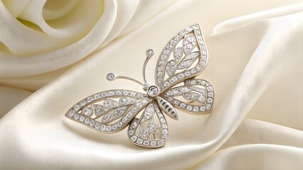 Fototapeta premium Jewelry macro of diamond-studded white gold butterfly brooch on ivory texture—delicate luxury for premium lifestyle branding.