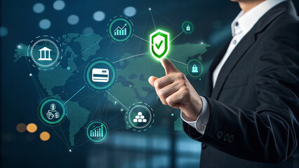 Fototapeta premium Secure online payment authentication with businessman verifying digital credit card transaction showcasing fintech and encryption technology