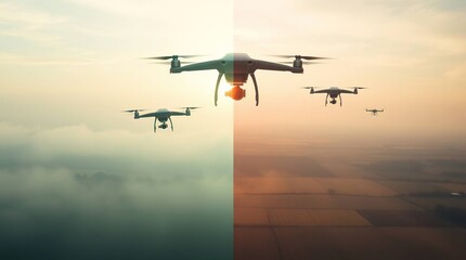 Drones hover over divided landscape.