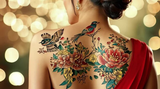 A woman with long black hair displays a colorful tattoo on her back. The tattoo features flowers and birds, set against a blurred, festive background. Generative 4k video.