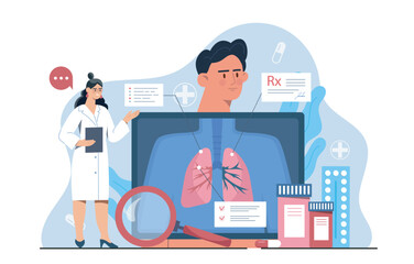 Scientists analyzing lung structure and cells with magnifying glass and microscope, flat graphic style, on abstract blue background. Concept of health research. Vector illustration
