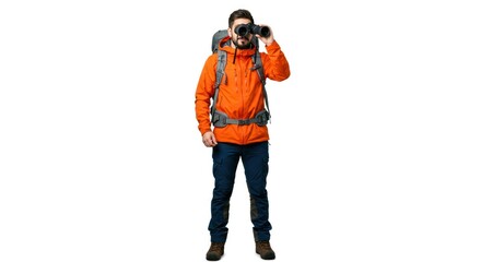Man in orange hiking gear, looking through binoculars