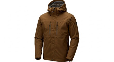 Full shot of a  brown  waterproof jacket with a hood.  Features zippered pockets and  a practical design